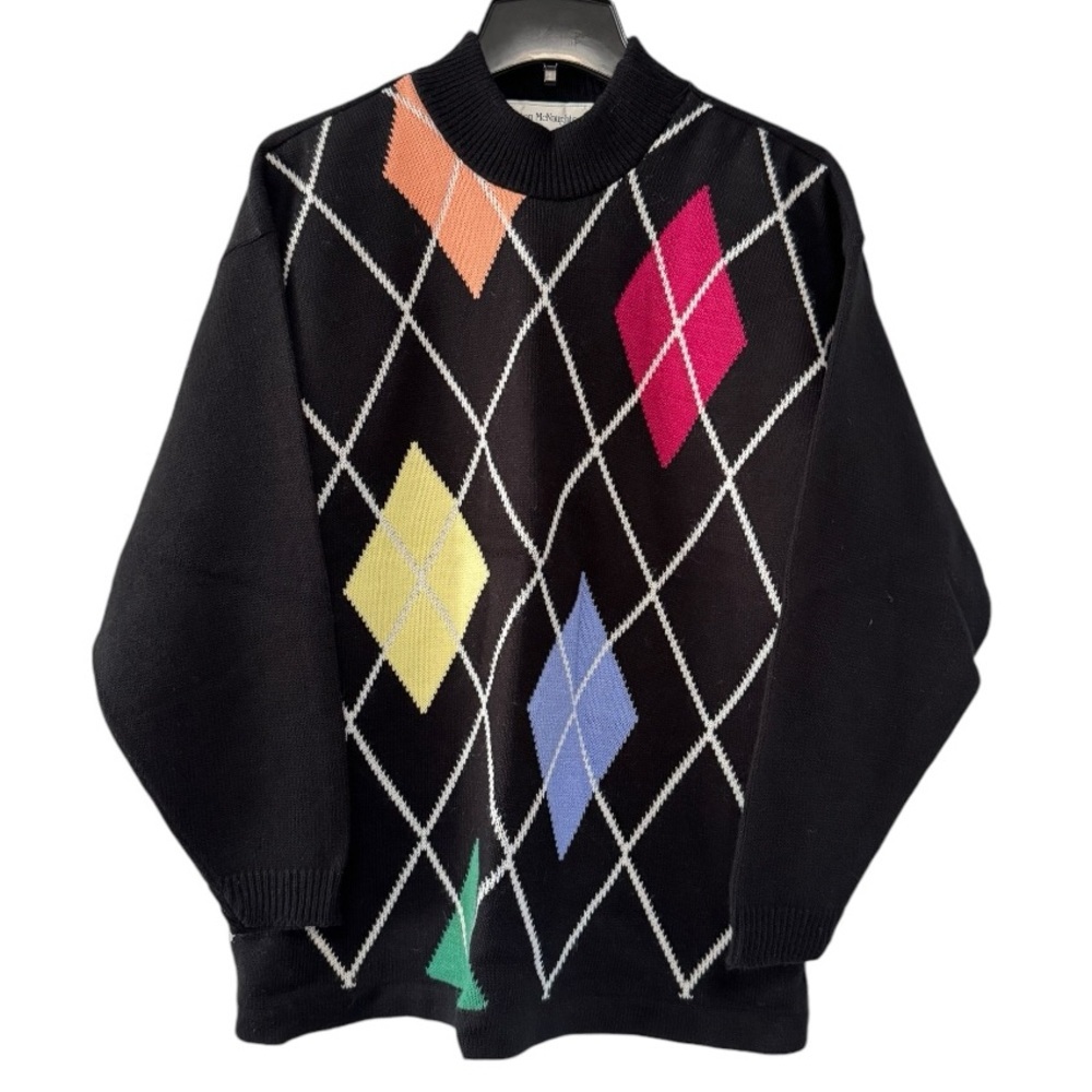 Vintage 90s Norton McNaughton Black Argyle Diamond Boxy Dad Grandpa Sweater M
